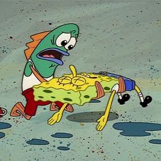 spongebob running through the water with his mouth open and tongue out, while another cartoon character looks on