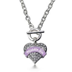 Our sparkling toggle necklace, equipped with a stylish toggle clasp and the Lavender Middle Sister pave heart charm, is crafted from white metal with a silver plated finish and accented with cubic zirconia stones. Light Pink Bridesmaids, Mini Pigs, Princess Necklace, Toggle Necklace, Cubic Zirconia Jewelry, Purple Ribbon, Charm Pendant Necklace, Pink Candy, Toggle Clasp