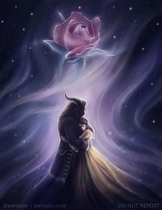 a painting of a man hugging a woman with a rose in the sky behind him