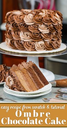 a cake with chocolate frosting and swirls on it is sitting on a table