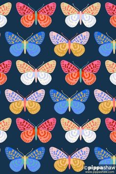 an image of colorful butterflies on dark blue background with red, yellow and blue colors