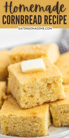 homemade cornbread recipe on a plate with the title in the middle and bottom photo