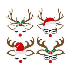 three reindeers wearing christmas hats and glasses