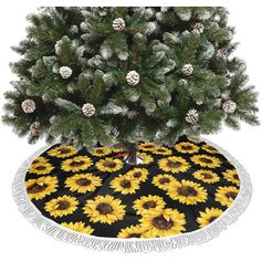 a christmas tree skirt with sunflowers on it