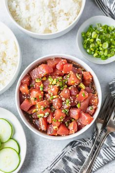 bowls filled with rice, cucumbers and meat