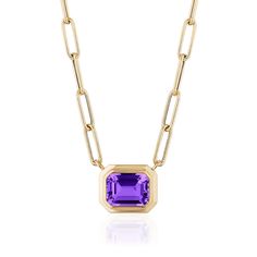 Oakgem is proud to be an authorized retailer of Goshwara jewelry. Manhattan' Amethyst Emerald Cut East West Pendant in 18K Yellow Gold Please allow a 3-4 week lead time for Goshwara product. In-stock merchandise will be prepared for shipment within 2-3 business days. Upon purchase, we will be in touch with the status of your order. DESIGNER: Goshwara MATERIAL: 18k Gold GEMSTONES: Amethyst- 1.88 ct MEASUREMENTS: Necklace measures 16 inches long MARKED/TESTED: Maker's Marks CONDITION: New Luxury Amethyst Necklace With Jewels, Luxury Amethyst Jewel Necklaces, Luxury Amethyst Jewel Necklace, Luxury Amethyst Birthstone Necklace, Luxury Yellow Gold Amethyst Necklace, Octagon Shaped Yellow Gold Amethyst Jewelry, Goshwara Jewelry, Gold Link Necklace, Amethyst Gold