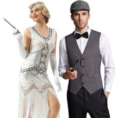 a man and woman dressed up in flappers, gats, and dress clothes