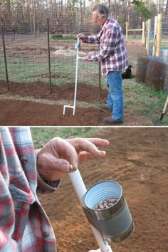 a man holding a can in his left hand and an image of the inside of a chicken coop