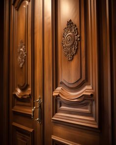 two wooden doors with ornate carvings on them and one has a door handle in the middle