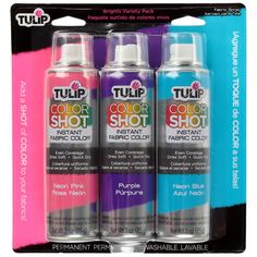 two bottles of tulip color shot instant paint in pink, blue and purple packaging