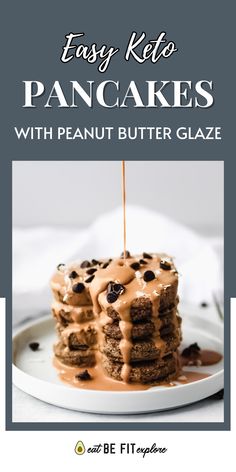 Graphic with the title "Easy Keto Pancakes with Peanut Butter Glaze" and a photo of heart-shaped pancakes. Peanut Butter Glaze, Shaped Pancakes, Easy Pancakes, Heart Shaped Pancakes, Butter Glaze, Pancake Calories, Keto Pancakes, Pancakes Easy