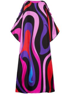 PUCCI Marmo-print Silk Dress - Farfetch Black Boat Neck Dress, Silk Kaftan Dress, Fluted Sleeves, Pucci Dress, Pucci Print, City Dress, Silk Print Dress, Dress Purple, Long Sleeve Maxi