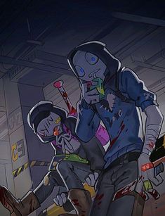 an animated image of two people with blood all over them