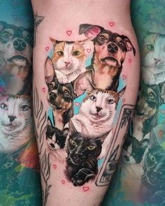 a woman's leg with cats and dogs tattoo on it, including one cat looking at the camera