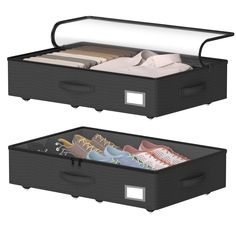 two black storage boxes with shoes and shirts in them, one is open and the other has