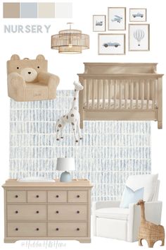 a baby's nursery room with blue and white wallpaper, a crib, a rocking chair, an animal lamp, and pictures on the wall