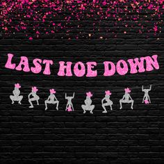 "This Listing is for ONE (1) \"Last Hoe Down\" banner as shown  Check out the full collection for matching straws, cupcake toppers, balloons, confetti and more! https://www.etsy.com/shop/NinalemsParty?ref=seller-platform-mcnav&section_id=35829227 ~Size~ Letters are approximately 5 inches tall. the twerkers are also approximately 5 inches tall.    ~Color~ Available in over 20 colors. Text color shown is  hot pink glitter. The twerkers are shown in silver glitter and their hats are in hot pink glitter.  The banner will be glitter on the front side and white on the back ~Assembly~ The banner is available as DIY for you to string it yourself, or you can select to have it pre- strung. For the DIY option we will provide you with instructions and twine, and for the Pre-strung option the banner wi Disco Cowboy Bachelorette Party, Last Rodeo Bachelorette Party Decorations, Cowgirl Theme Bachelorette Party, Bachelorette Party Themes Nashville, Pink Cowgirl Bachelorette Party, Cowgirl Bachelorette Party Decorations, Burlesque Bachelorette, Space Cowgirl Bachelorette