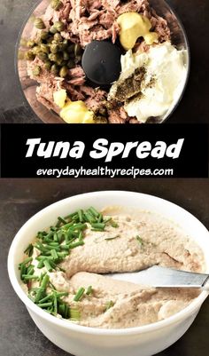 tuna spread in a white bowl with green beans and asparagus