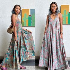 Boho silk blend maxi dress. 70% silk so the fabric is super soft. 20% viscose so fabric is thinker and 10% polyester. Flowy and comfortable. Adjustable length at the back. 2 different color. 2 side pockets. Front and back are the same. One size as measurements: Chest 52 inches max. Hips Free. Length 52 in at the longest ( adjustable) CARE: Hand wash cold. Bohemian Style Printed Maxi Dress With Spaghetti Straps, Boho Print Maxi Dress With Spaghetti Straps, Beach Boho Print Maxi Dress With Spaghetti Straps, Vacation Boho Print Maxi Dress With Spaghetti Straps, Beach Maxi Dress With Boho Print And Spaghetti Straps, Bohemian Maxi Dress With Spaghetti Straps And Floral Print, Summer Boho Print Maxi Dress With Spaghetti Straps, Paisley Print Maxi Dress For Beach, Summer Maxi Dress With Boho Print And Spaghetti Straps