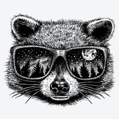 a raccoon wearing sunglasses with trees in the background and stars on their eyes