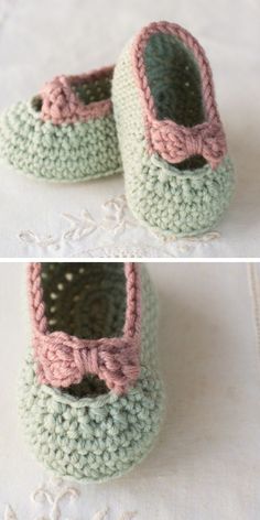 crocheted baby shoes with pink and green trim