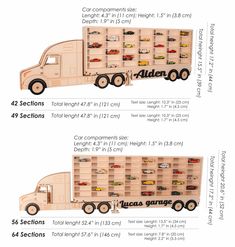 the size and measurements of a toy truck with shelves on each side, including two sections for