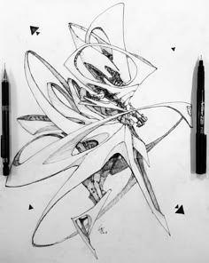 a pencil drawing of a flower with arrows coming out of the petals and on top of it