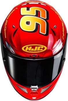 the helmet is red and has yellow letters on it