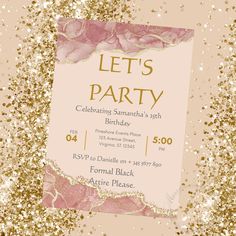 a pink and gold birthday party card with glitters on the bottom, it says let's party