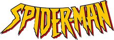 the word spiderman is painted in yellow and red with black stripes on it's sides