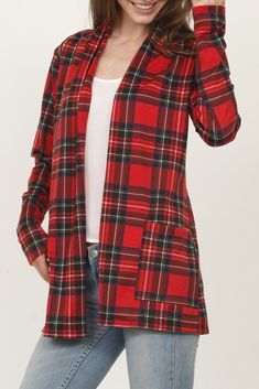 Red Plaid Cardigan Stretch Cotton Cardigan For Fall, Casual Plaid Cardigan For Layering, Trendy Fitted Open Front Cardigan, Trendy Plaid Long Sleeve Cardigan, Casual Plaid Cardigan For Work, Plaid V-neck Cardigan For Fall, Fitted Cotton Outerwear With Open Front, Trendy Stretch Cardigan For Fall, Open Front Cotton Top For Fall