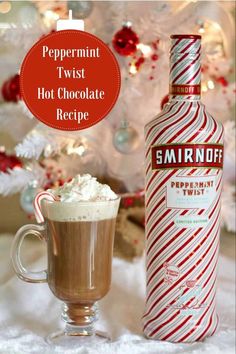 peppermint twist hot chocolate recipe next to a christmas tree