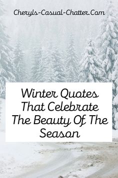 the words winter quotes that celebrate the beauty of the season in front of snow covered trees