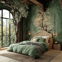 a bedroom decorated in green and white with a tree mural on the wall above the bed