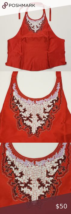 Moda International Silk Embellished Halter New without tags. Perfect condition. Moda International Tops Crop Tops Red Embellished Sleeveless Top, Red Halter Neck Top For Evening, Red Embroidered Tops For Party, Festive Embellished Red Tops, Red Embroidered Holiday Tops, Red Embellished Tops For Spring, Embellished Red Tops For Spring, Spring Embellished Red Tops, Crop Tops