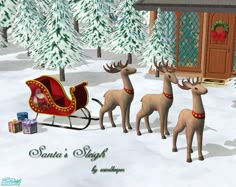 santa's sleigh with reindeers and presents in front of a cabin