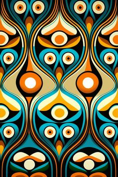 an abstract pattern with circles and dots in blue, orange, yellow and white colors