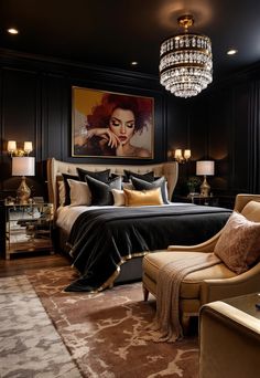 Basement Bedroom Ideas Modern Masculine Bedroom, Luxurious Bedrooms Master, Masculine Bedroom Design, Bedroom Moody, Dark Deco, Bedroom Tapestry, Bedroom Romantic, Black Bedroom Design, Romantic Bed