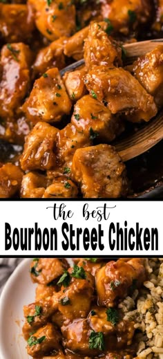 A closeup of a spoonful of Bourbon Street Chicken on top of a plateful with rice. Best Bourbon Chicken Recipe, Bourbon Street Chicken, Street Chicken, Chicken Seasoning Recipes, Street Recipes