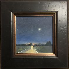 an oil painting of a road at night with the moon in the sky above it