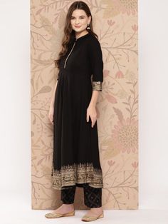 Size: please Check the last image above for a complete size chart. Black printed Kurta with Palazzos with dupattaKurta design: Ethnic motifs printed Anarkali shape Empire style Mandarin collar, three-quarter regular sleeves Calf length length with flared hem Viscose rayon machine weave fabric Palazzos design: Printed Palazzos Elasticated waistband Slip-on closure Material & Care Kurta Fabric : RayonPalazzo Fabric : RayonDupatta : RayonHand Wash Ethnic Kurti, Printed Anarkali, Anarkali Lehenga, Ethnic Motifs, Wedding Jumpsuit, Ready To Wear Saree, Dupatta Set, Weave Fabric, Viscose Rayon