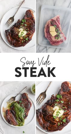 four different views of steaks with sauce and butter on them, including the meat