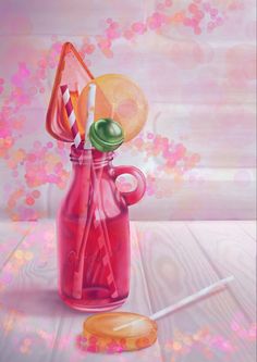 a painting of a pink jar filled with candy and lollipops