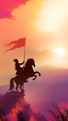 the silhouette of a man riding a horse holding a flag on top of a hill