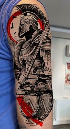 Calf Tattoo Ideas, Shen Long Tattoo, Warrior Tattoo Sleeve, Red Tattoo Ideas, Gladiator Tattoo, Gothic Tattoos, Red Ink Tattoo, Viking Tattoo Sleeve, Spartan Tattoo