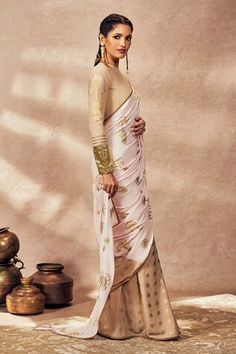 Beige and pink crepe silk half saree with travellers palm foil print and embellished borders. Comes with an unstitched blouse piece with resham and gota work. - Aza Fashions Silk Half Saree, Travellers Palm, Beige And Pink, Gota Work, Half Saree, Foil Print, Blouse Piece, Aza Fashion, Silk Printing