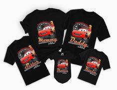 three matching shirts with cars on them and the words,'personalized'in red