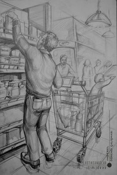 a drawing of a man pushing a shopping cart in a grocery store with people looking on