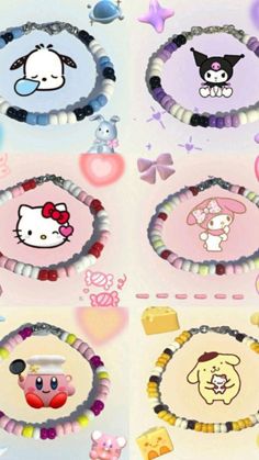 four different pictures of hello kitty and other items in the same frame, including bracelets