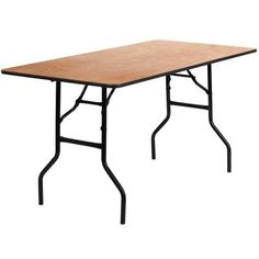 a wooden table with black legs on a white background